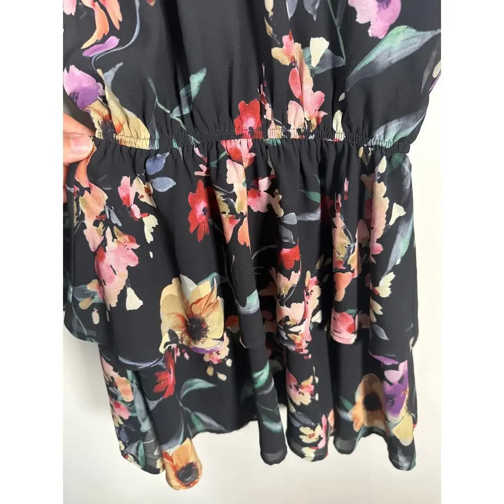 YUMI KIM Black Floral Class Act Lake Side Long Sleeve Tiered Mini Dress Size S